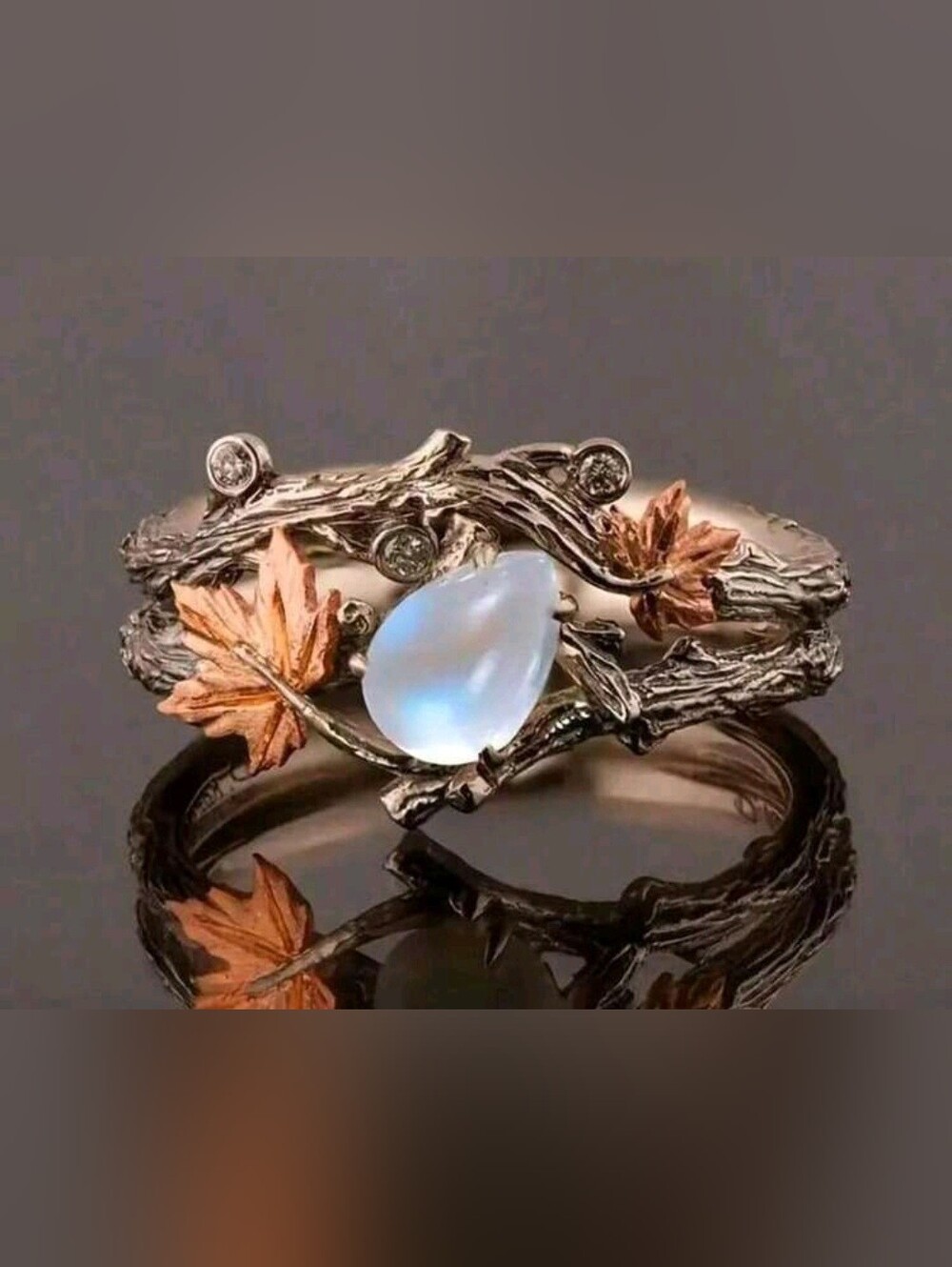 Moonstone Teardrop Maple Leaf Ring Set Size 8 New!